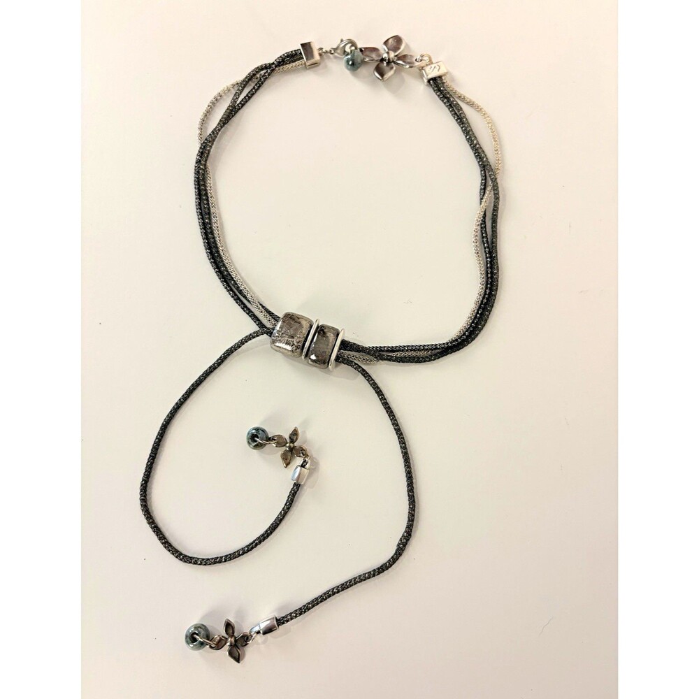 Silver Tone Statement Bolo Necklace Multi-Strand Mesh Flower Beads Adjustable